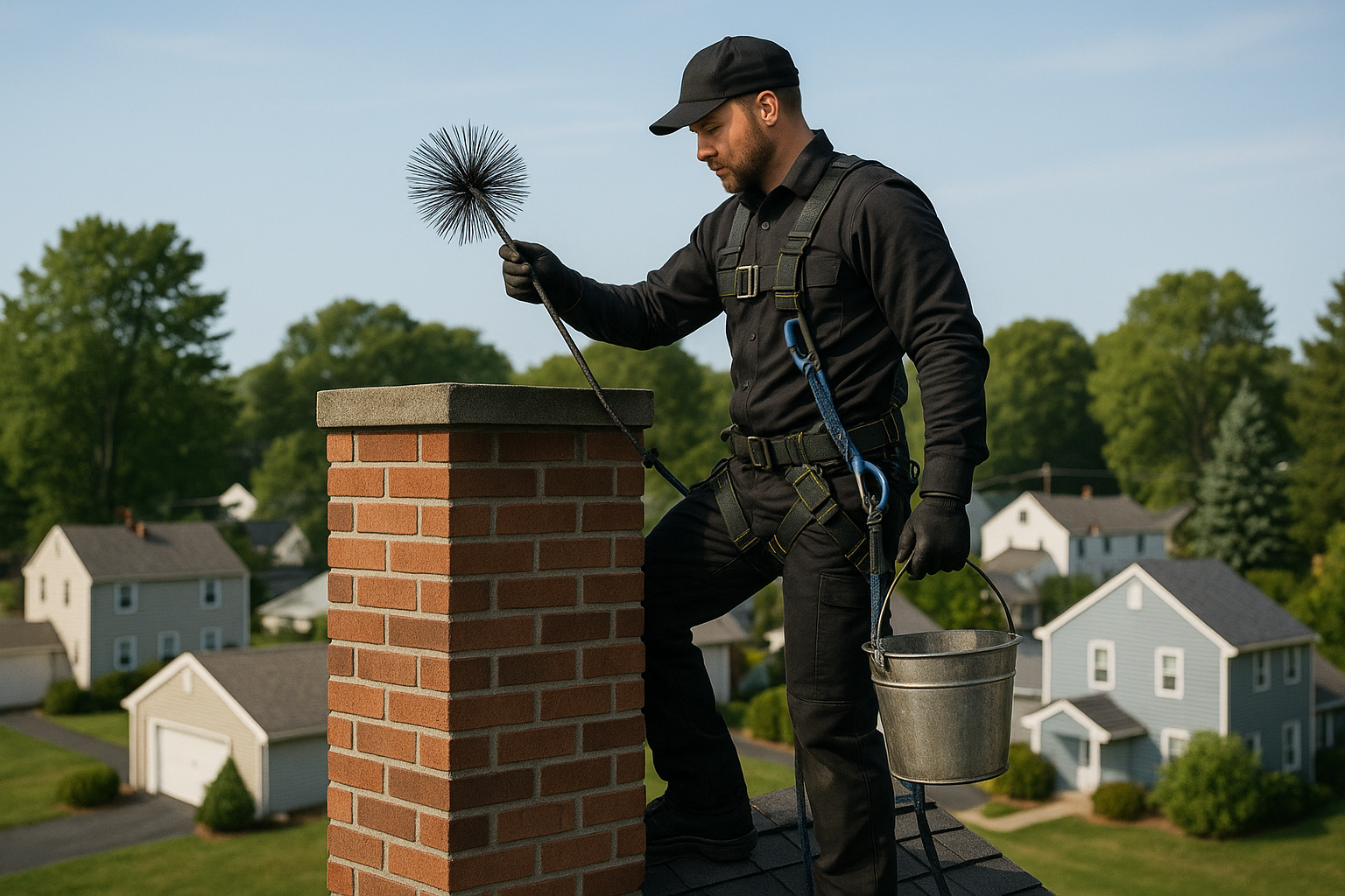 Chimney sweep working safely on a rooftop in Fairfield, CT